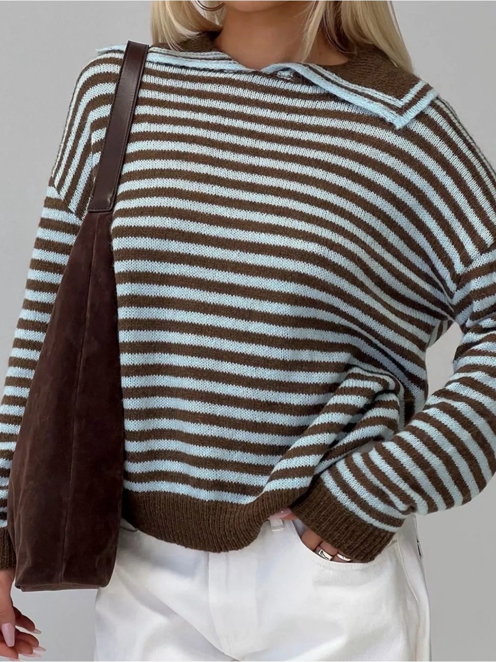 M/L: Striped Crewneck Sweater in Brown and Light Blue